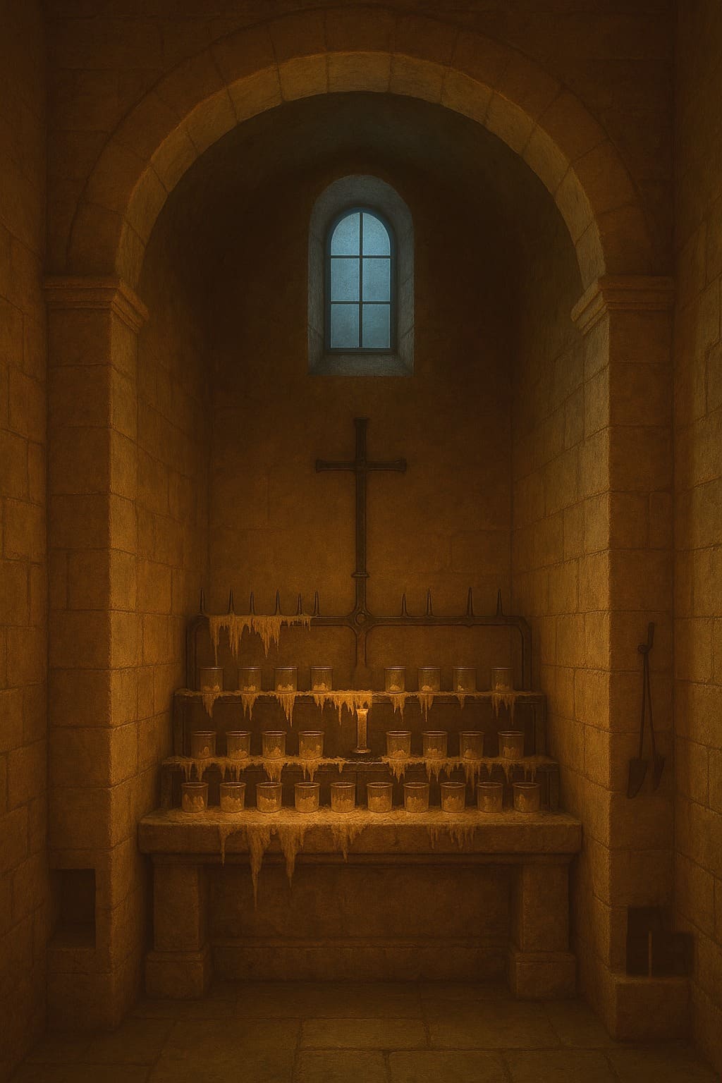 A dark side chapel with a stand of lit candles glowing against the stone.