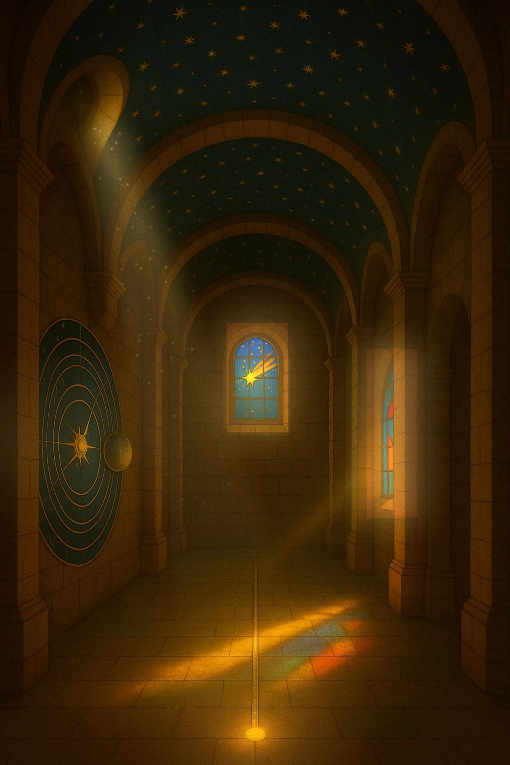 A vaulted aisle painted with stars, a zodiac-like calendar wheel on the wall and coloured light on the floor.
