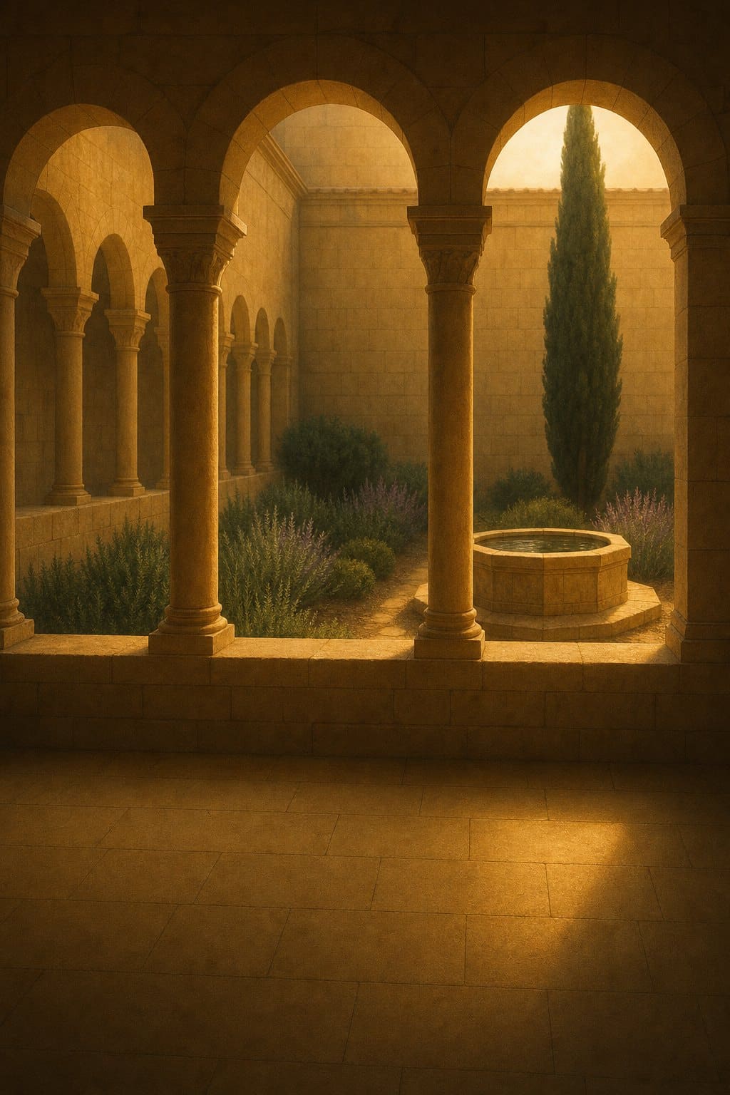 A cloister garden: an arcade, an octagonal well, cypress and lavender in amber light.