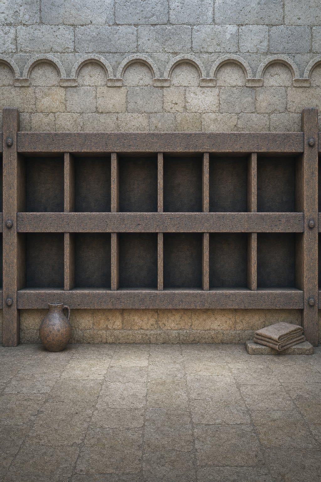 A stone library wall of wooden pigeonhole shelves under an arched window.