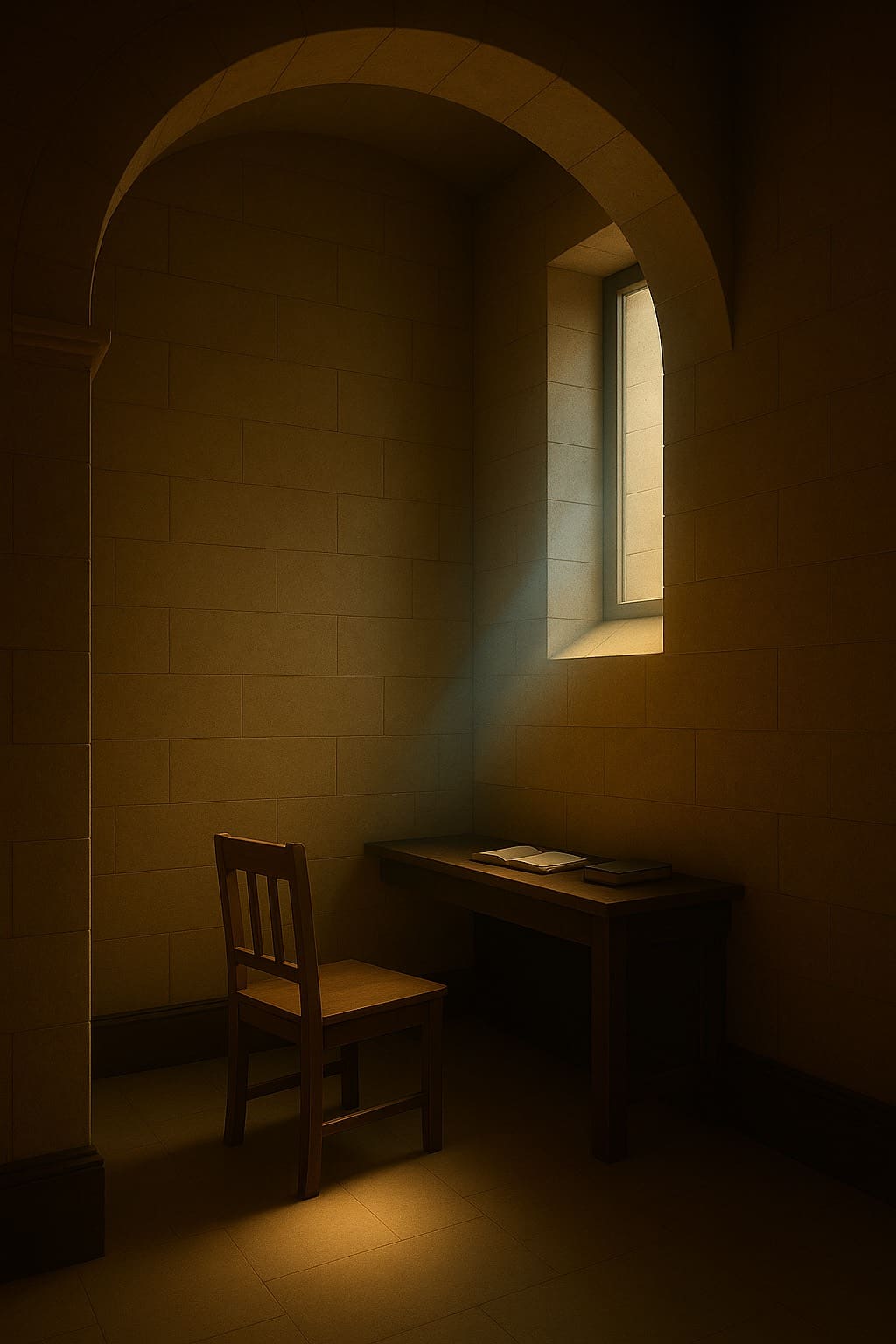 A quiet listening room in warm stone, two chairs and a low lamp.