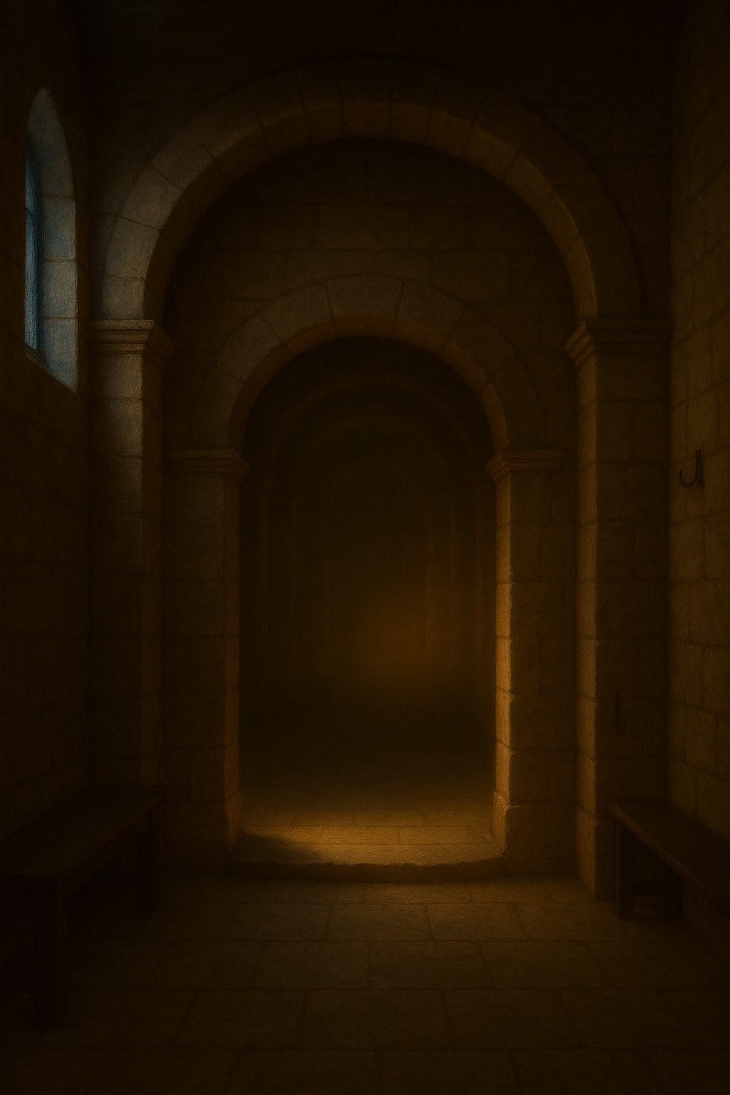 The narthex of a small stone church, its inner door open onto a lit nave.