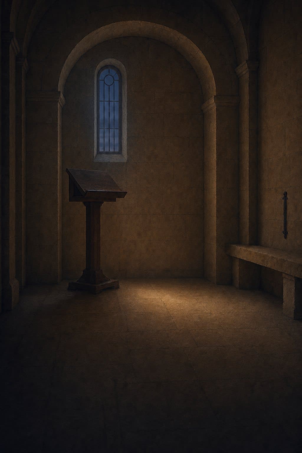 The oratory at evening: a small chapel with a lit window and a single lamp.